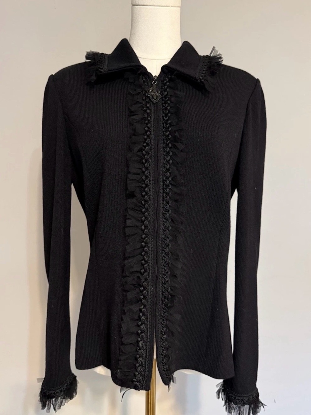 St. John Collection Black Zip-Front Knit Blazer with Ruffle Trim
